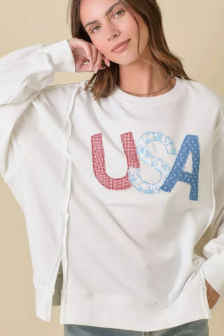 4th Of July Usa Patchwork Crewneck Long Sleeve Top - Wear Arielle