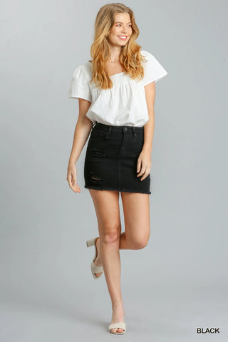Umgee Distressed Raw Hem High Waist Denim Skirt - Wear Arielle