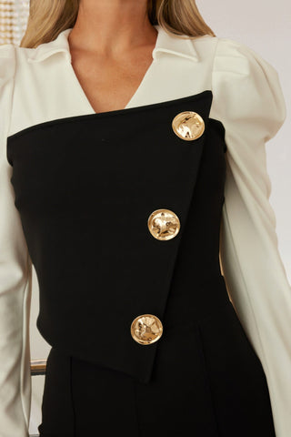 Black And White Puff Shoulder Cap Jumpsuit - Wear Arielle