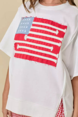 Boxy Wide Top With American Flag Patchwork - Wear Arielle