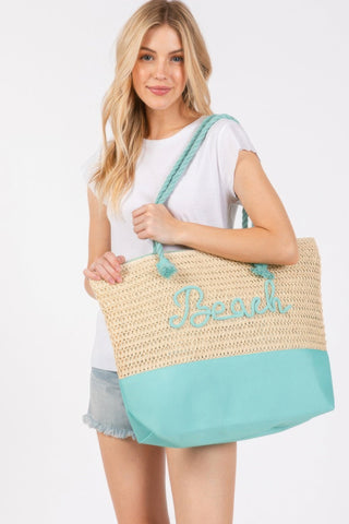 Color Sewn Rope Beach Letter And Strap Crochet Fabric Tote - Wear Arielle