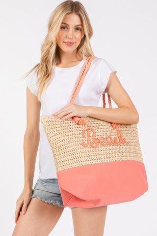 Color Sewn Rope Beach Letter And Strap Crochet Fabric Tote - Wear Arielle