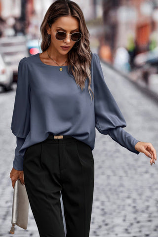 Crew Neck Solid Leg Of Mutton Sleeve Shirt - Wear Arielle