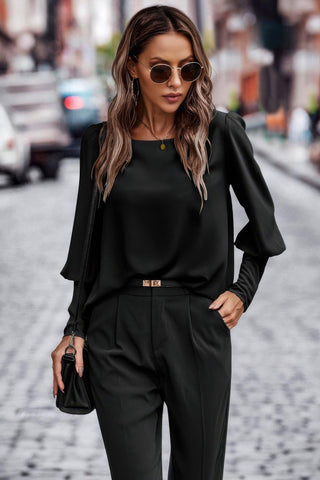 Crew Neck Solid Leg Of Mutton Sleeve Shirt - Wear Arielle
