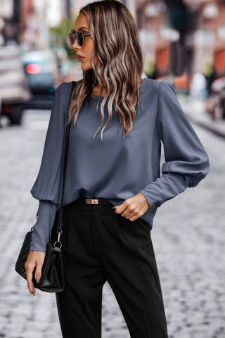 Crew Neck Solid Leg Of Mutton Sleeve Shirt - Wear Arielle