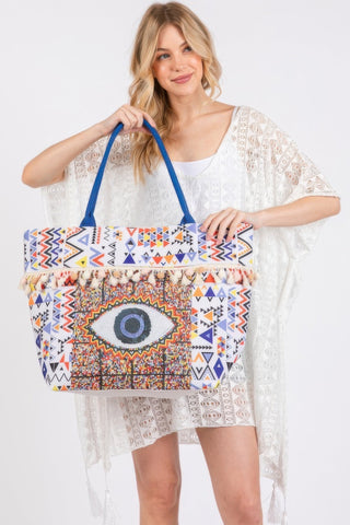 Evil Eye Boho Print Pom Pom Fringe Tote Bag - Wear Arielle