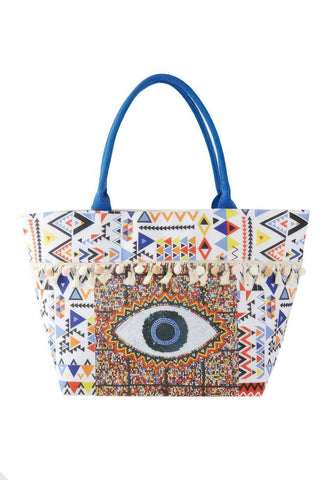 Evil Eye Boho Print Pom Pom Fringe Tote Bag - Wear Arielle