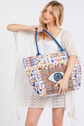Evil Eye Boho Print Pom Pom Fringe Tote Bag - Wear Arielle