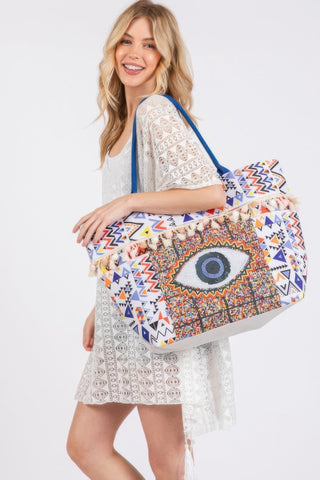 Evil Eye Boho Print Pom Pom Fringe Tote Bag - Wear Arielle