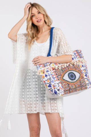 Evil Eye Boho Print Pom Pom Fringe Tote Bag - Wear Arielle
