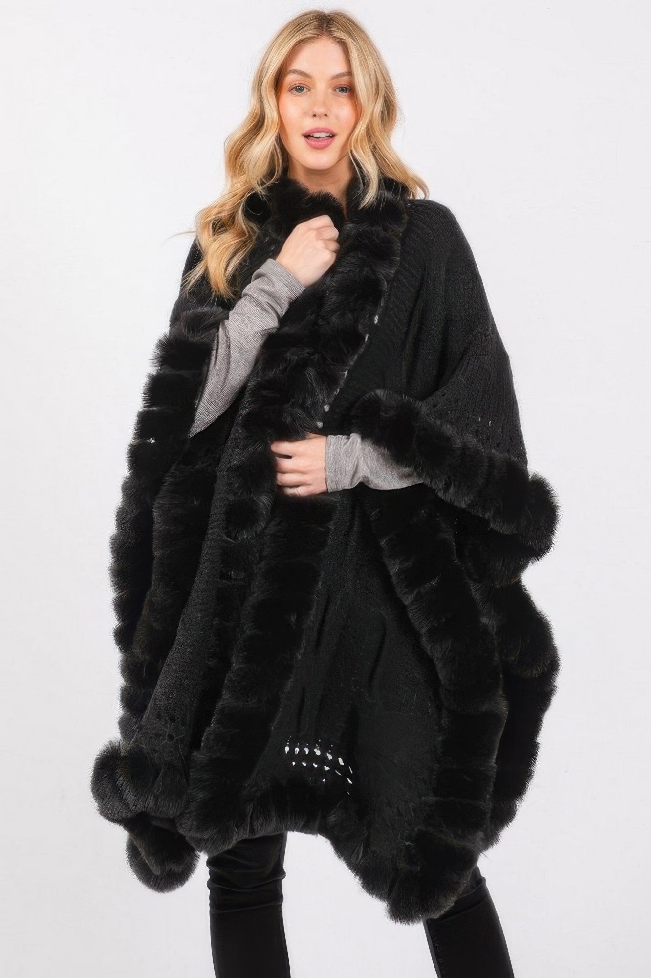 Faux Fur Collar And Trim Cape With Closure - Wear Arielle