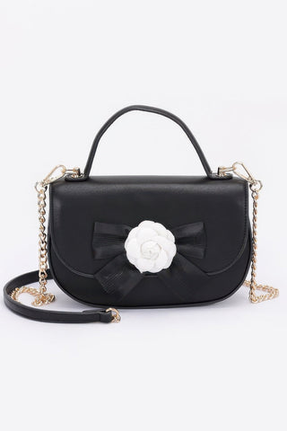 Faux Leather Flower Ribbon Top Handle Flap Bag - Wear Arielle