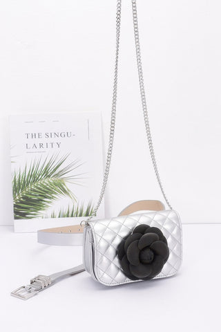 Faux Leather Quilted Flower Beltbag Shoulder Chain - Wear Arielle