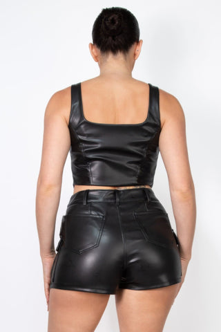 Faux Leather Square Zippered Crop Top - Wear Arielle