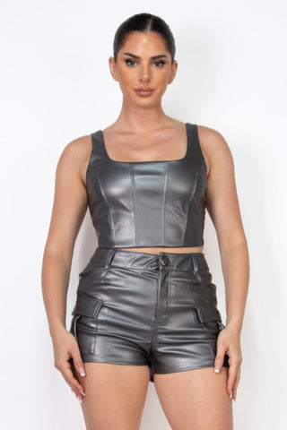Faux Leather Square Zippered Crop Top - Wear Arielle