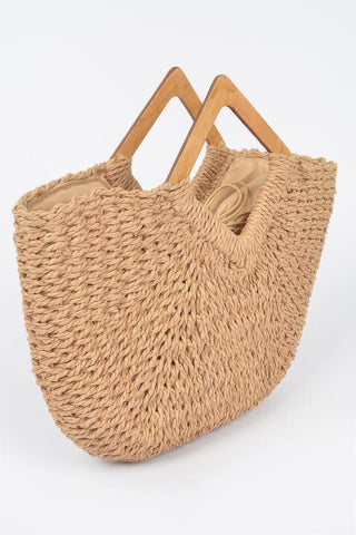 Faux Straw Wood Handle Tote Bag - Wear Arielle