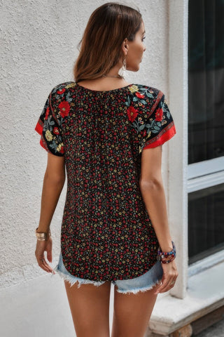 Floral Boho Ruffle V Neck Short Sleeve Loose Shirt - Wear Arielle