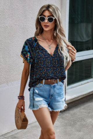 Floral Boho Ruffle V Neck Short Sleeve Loose Shirt - Wear Arielle