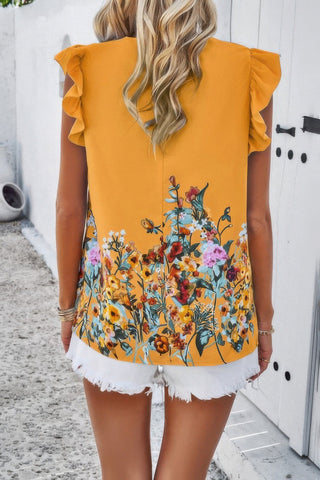 Floral Print Round Neck Ruched Loose Fit Top - Wear Arielle