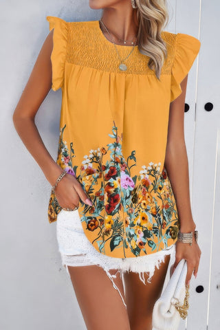 Floral Print Round Neck Ruched Loose Fit Top - Wear Arielle