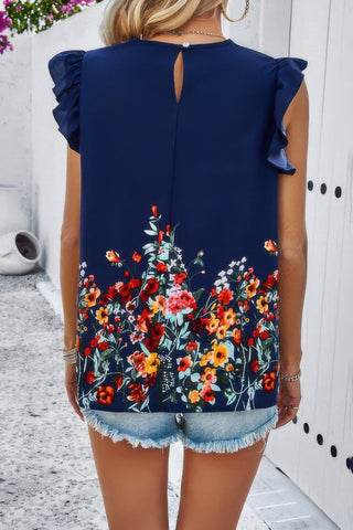 Floral Print Round Neck Ruched Loose Fit Top - Wear Arielle