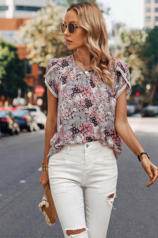 Floral Round Neck Lace Trimmed Fit Blouse - Wear Arielle