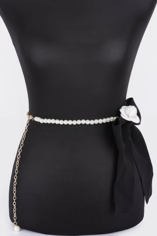 Flower Ribbon Faux Pearl Belt - Wear Arielle