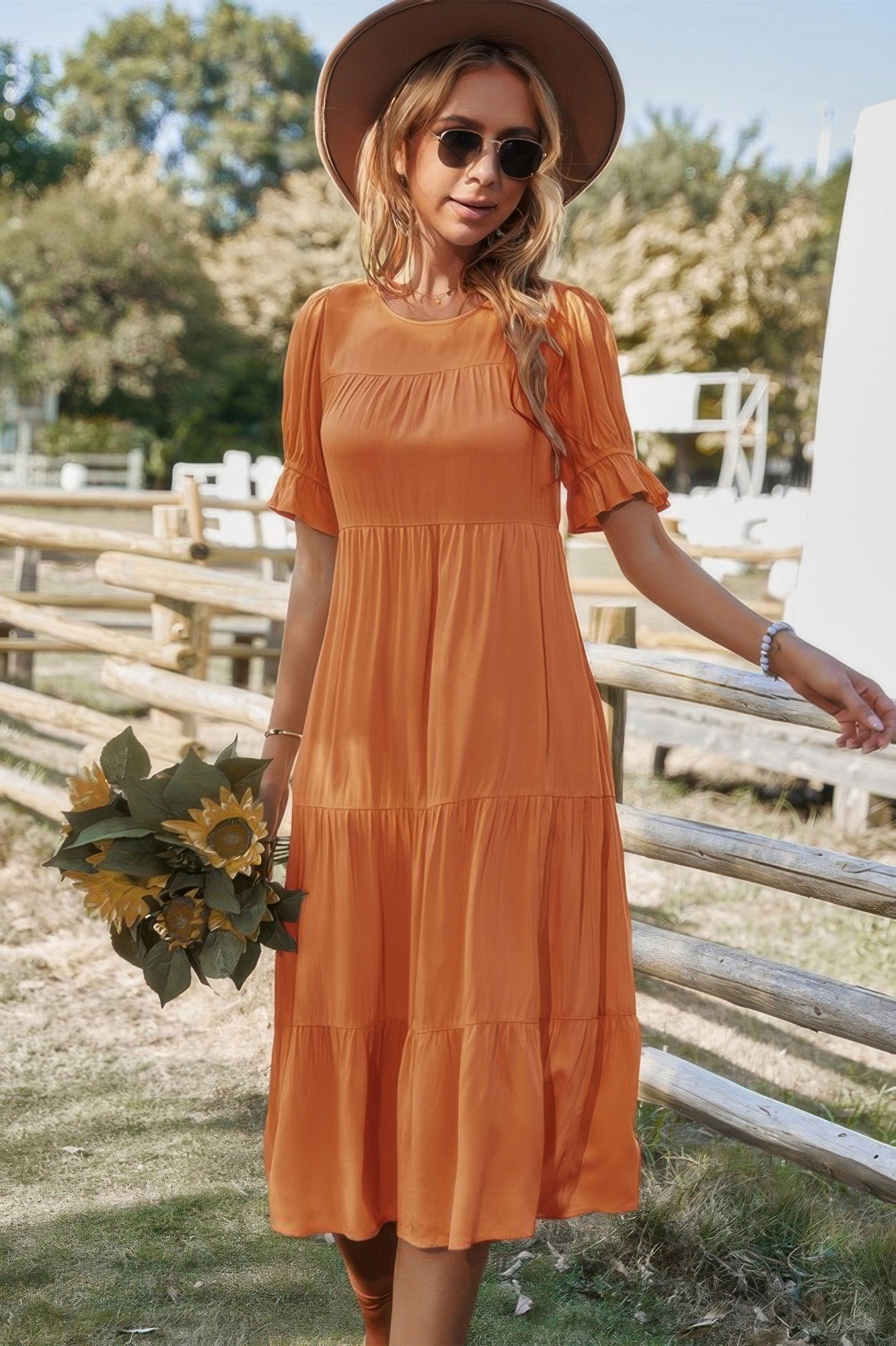 Flowy Pleated Short Sleeve Solid Midi Dress - Wear Arielle