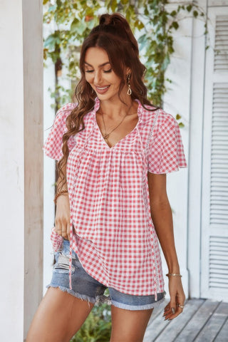 Gingham V Neck Plaid Loose Drawstring Blouse - Wear Arielle
