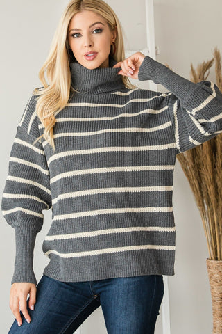 Heavy Knit Striped Turtle Neck Knit Sweater - Wear Arielle