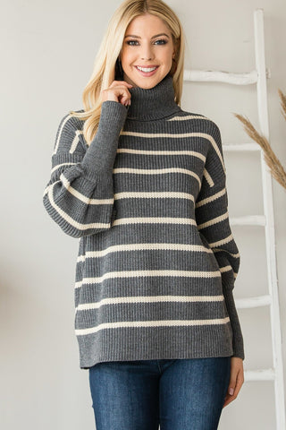 Heavy Knit Striped Turtle Neck Knit Sweater - Wear Arielle
