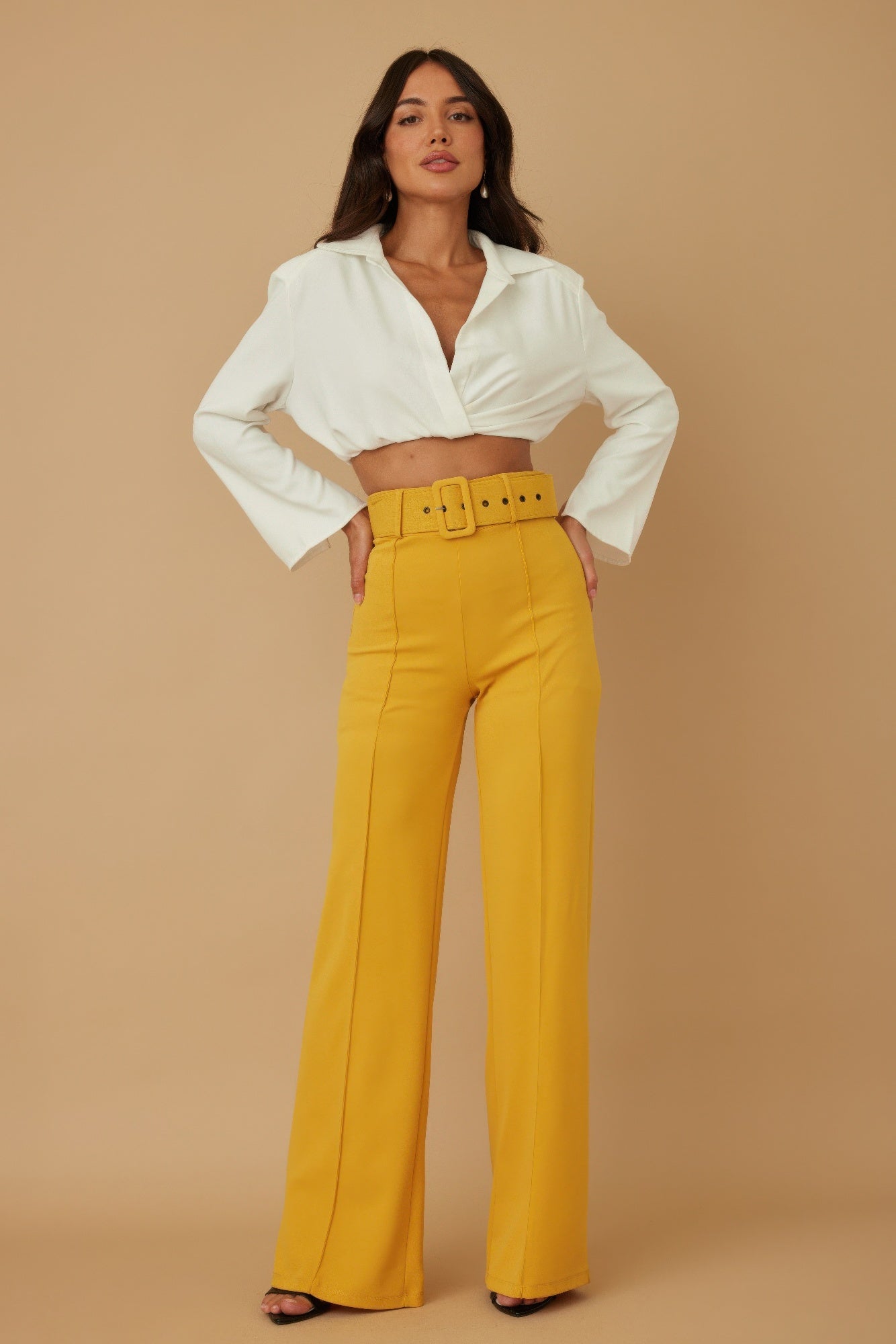 High Waist Pants With Buckle Belt - Wear Arielle