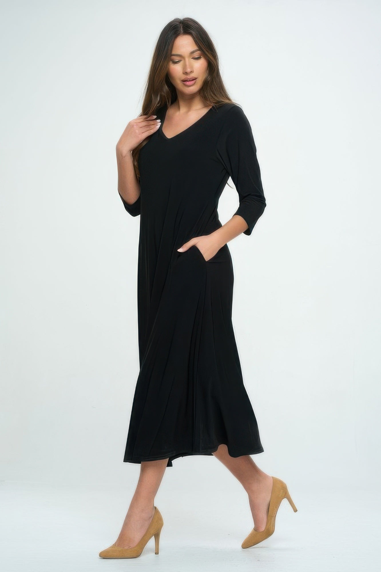 Hit V - neck Long Dress W/pocket - Wear Arielle