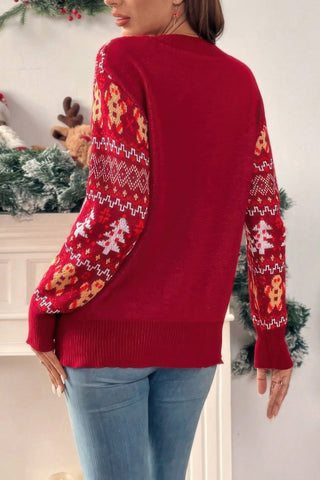 Knit Christmas Print Round Neck Loose Fit Sweater - Wear Arielle