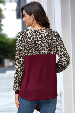 Leopard Stitching Bow Knit Crew Neck Loose Pullover - Wear Arielle