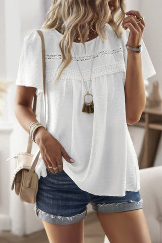 Loose Fit Dot Solid Lace Round Neck Top - Wear Arielle