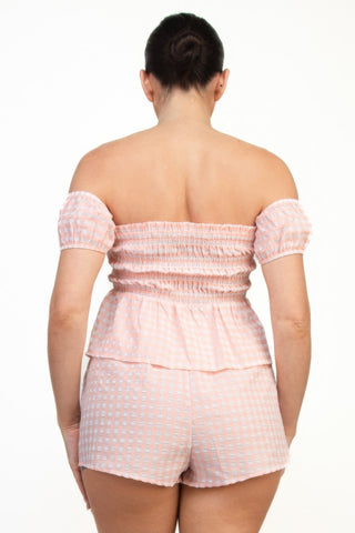 Off - shoulder Smock Gingham Top & Mini Short Sets - Wear Arielle