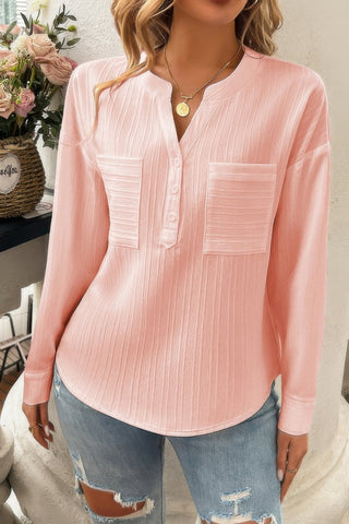 Pleated V Neck Pockets Button Drop Shoulder Blouse - Wear Arielle