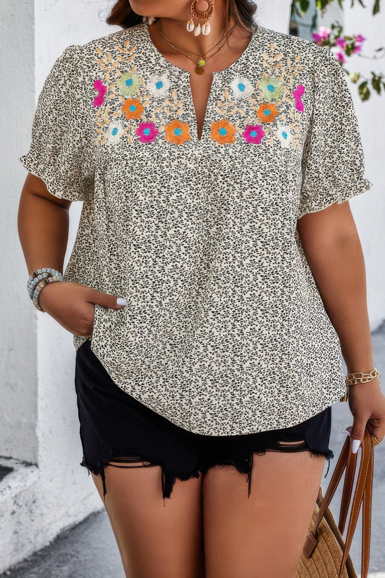 Plus Boho Flower Decoration Loose V Neck Shirt - Wear Arielle