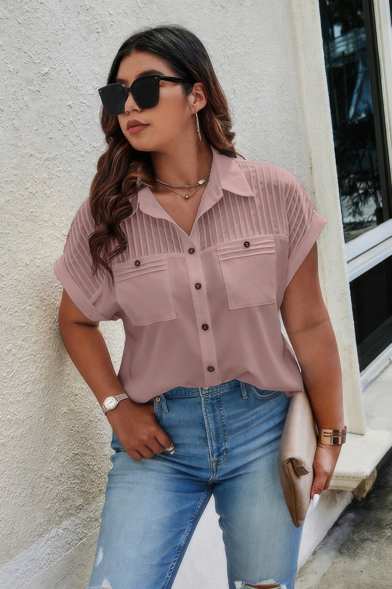 Plus Size Button Solid Color Block Loose Blouse - Wear Arielle