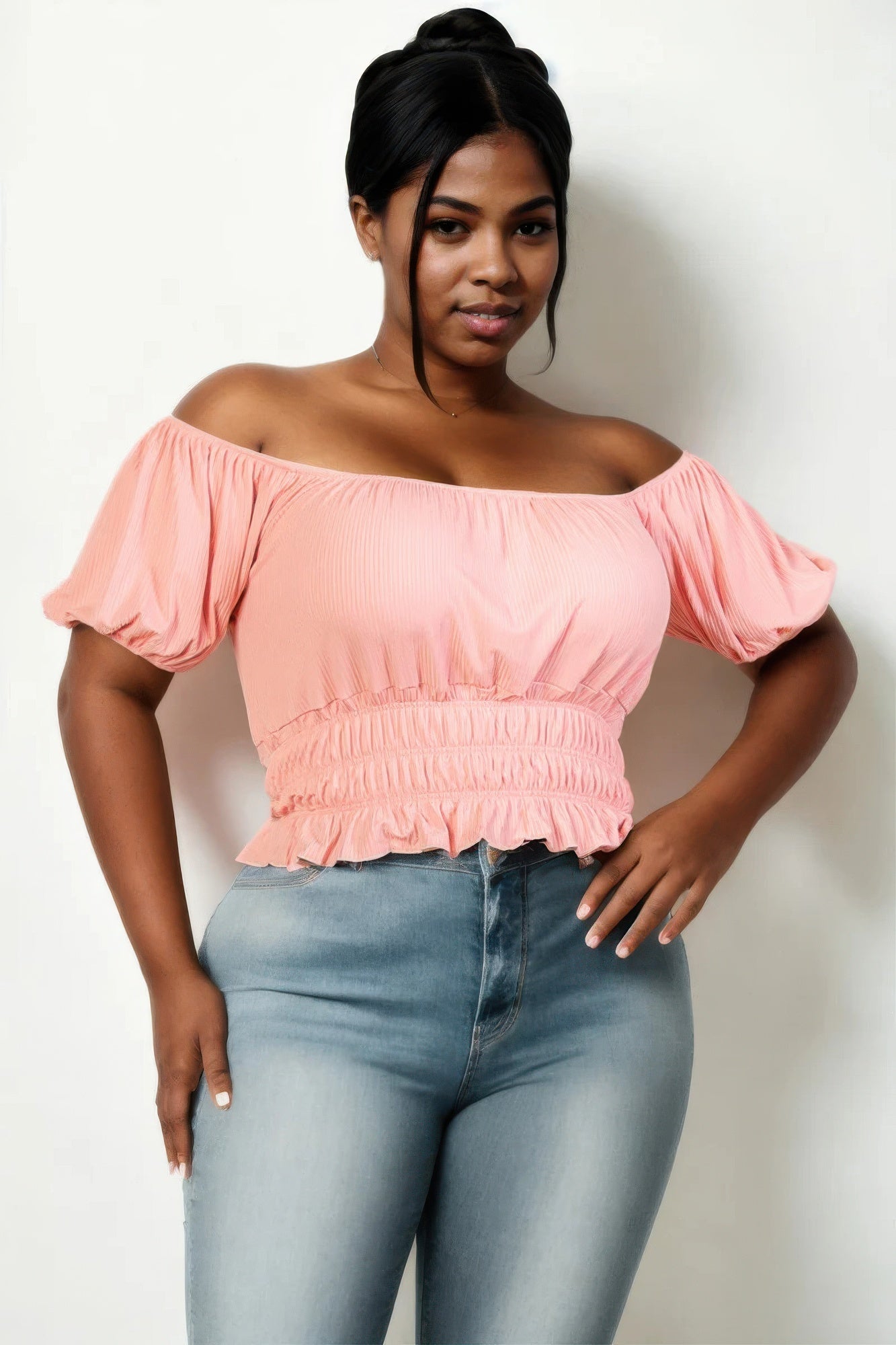 Plus size casual ruched puff sleeve ribbed knit solid top - Wear Arielle