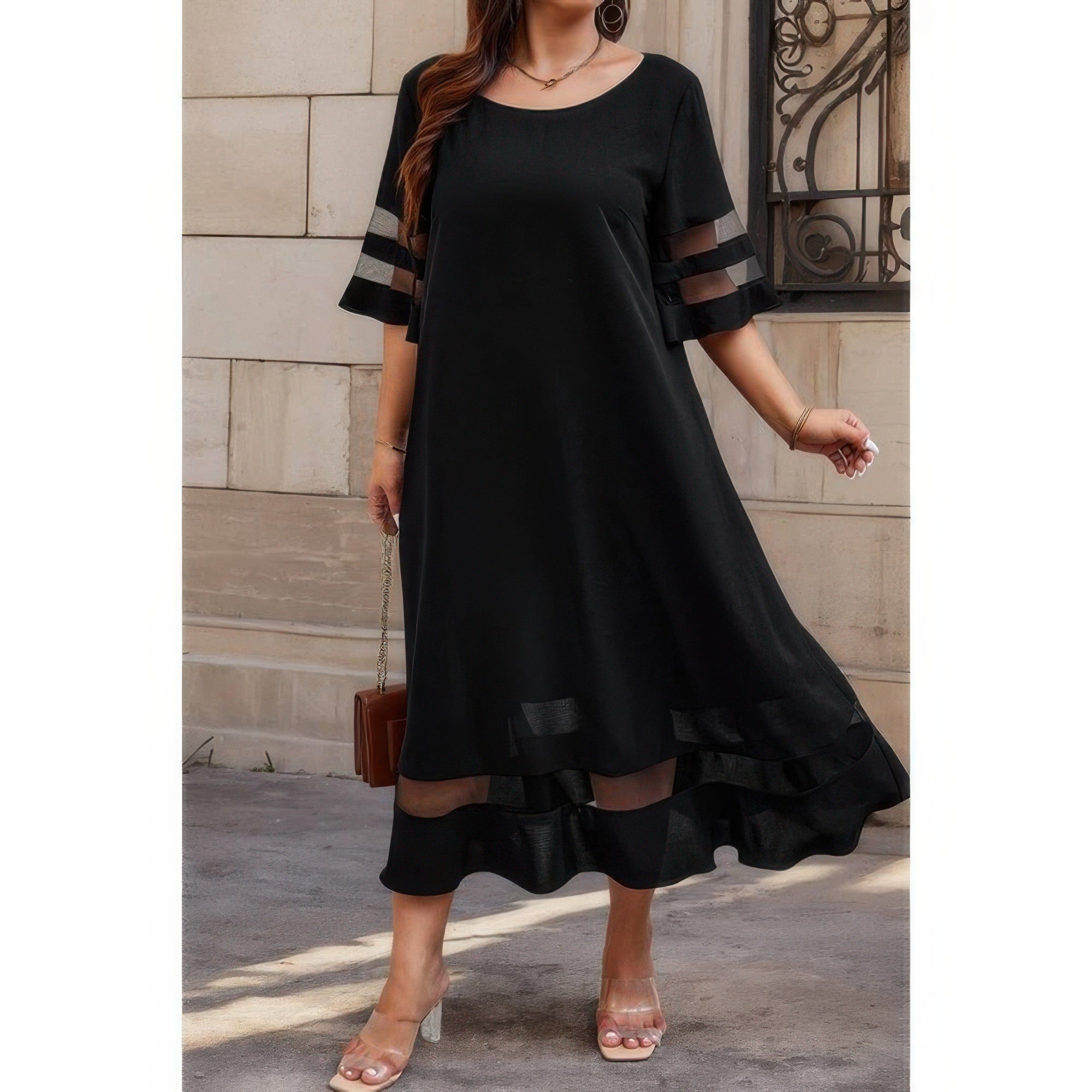 Plus Size Mesh Splicing Round Neck Long Dress - Wear Arielle