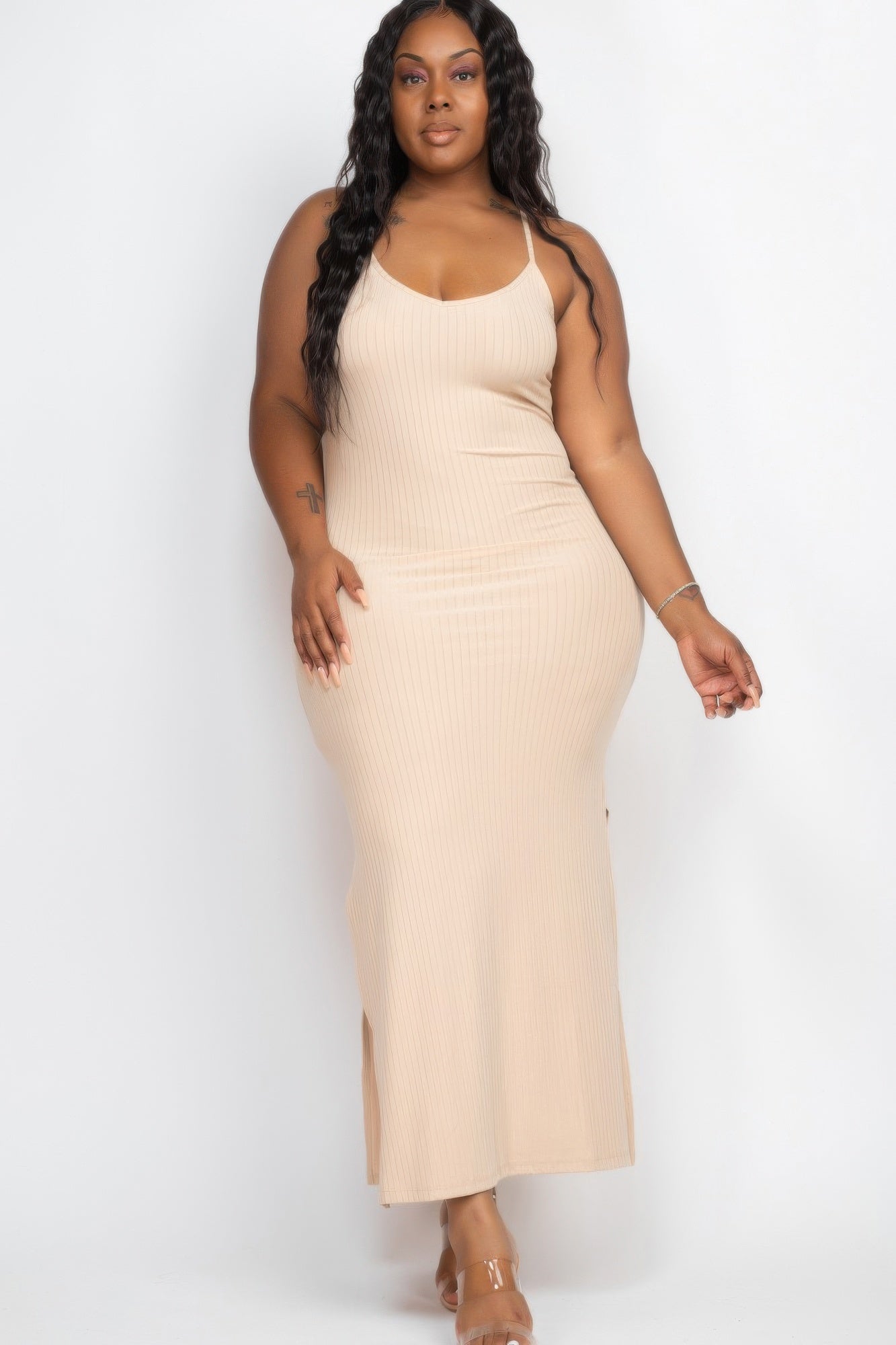 Plus Size Ribbed Side Slit Long Cami Maxi Dress - Wear Arielle