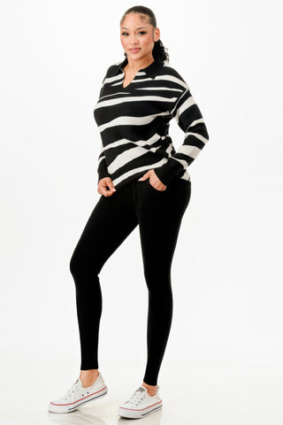 Pullover Collared V - neck Sweater Top And Pant Set - Wear Arielle