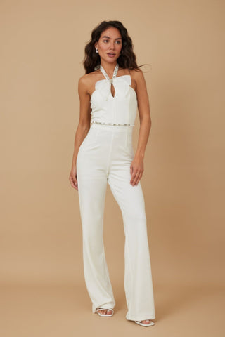 Rhinestone Ribbon Haltered Neck Jumpsuit - Wear Arielle
