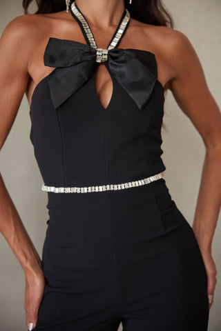 Rhinestone Ribbon Haltered Neck Jumpsuit - Wear Arielle