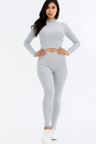 Ribbed Mock Neck Long Sleeve Top & Leggings Set - Wear Arielle