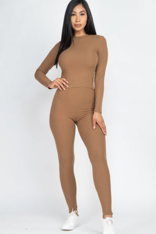 Ribbed Mock Neck Long Sleeve Top & Leggings Set - Wear Arielle