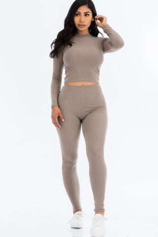 Ribbed Mock Neck Long Sleeve Top & Leggings Set - Wear Arielle