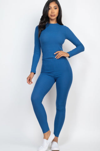 Ribbed Mock Neck Long Sleeve Top & Leggings Set - Wear Arielle